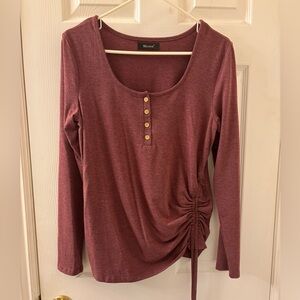Micticsi Burgundy Long Sleeve Top with Button Detail and Ruched Side